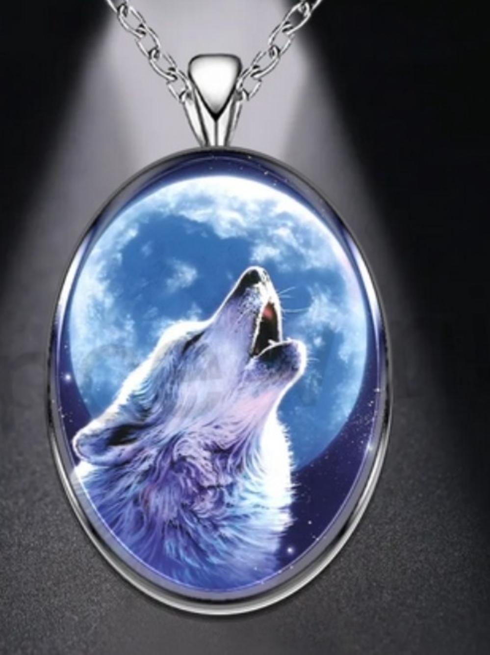 Silver Wolf Howl Oval Pendant Necklace - Blue